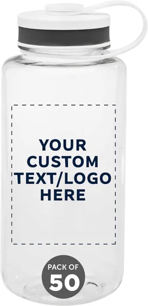 DISCOUNT PROMOS Custom Plastic Sports Water Bottles with Flip Lid 38 oz. Set of 50, Personalized Bulk Pack - Great for Gym, Hiking, Cycling, Camping, Backpacking, School - Clear