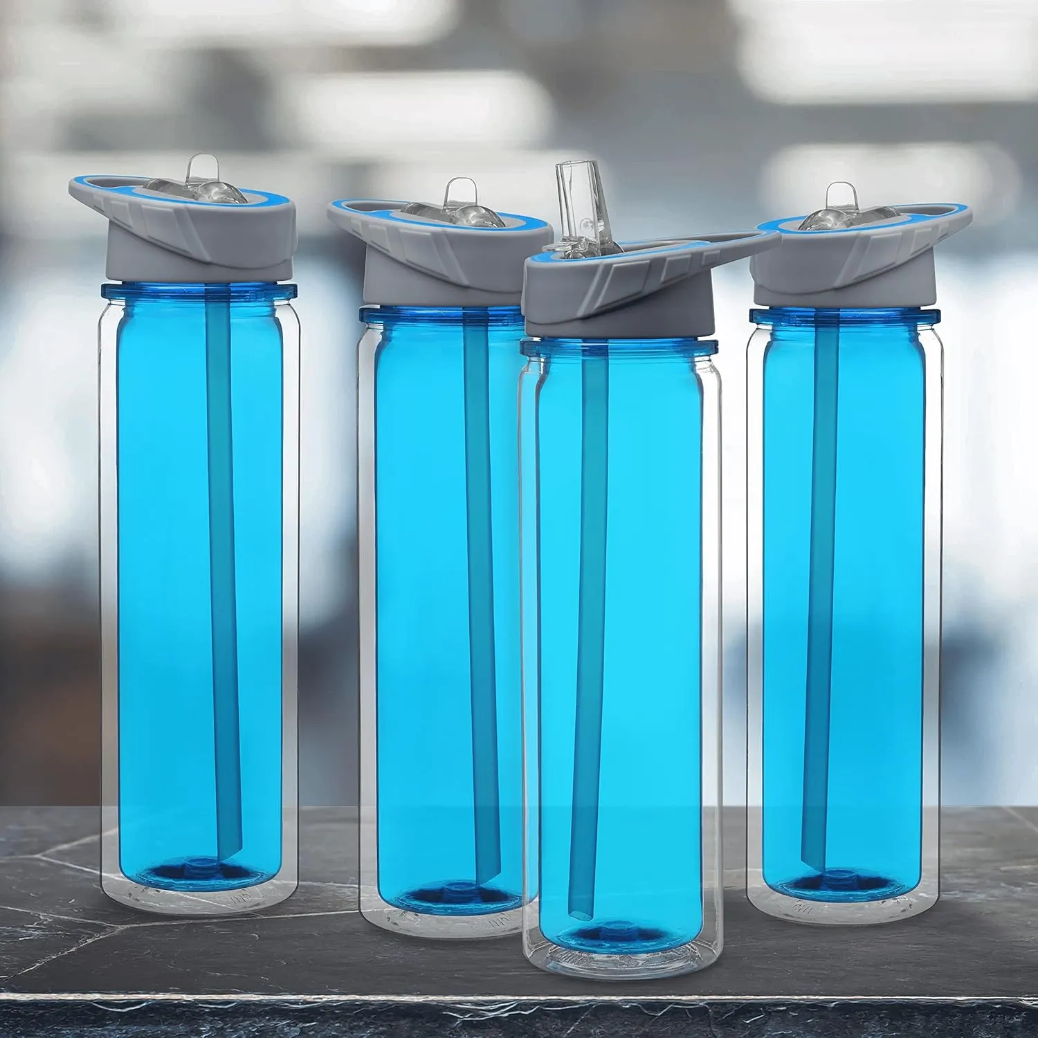 DISCOUNT PROMOS Tritan Sports Bottles with Straw 19 oz. Set of 6, Bulk Pack - Great for Gym, Hiking, Cycling, Camping, Backpacking, School - Blue