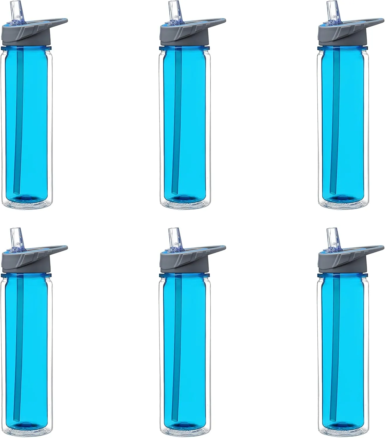 DISCOUNT PROMOS Tritan Sports Bottles with Straw 19 oz. Set of 6, Bulk Pack - Great for Gym, Hiking, Cycling, Camping, Backpacking, School - Blue