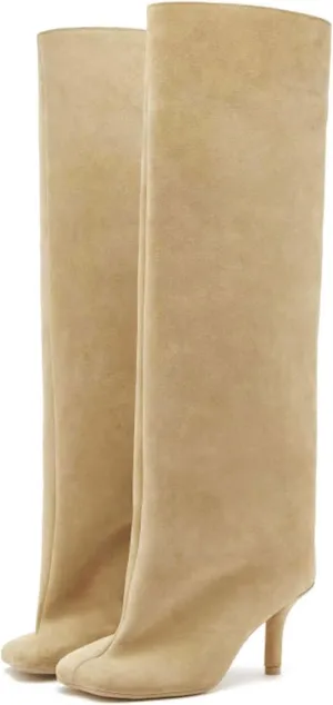 DOBOYG Knee High Boots for Women Square Toe Stiletto High Heel Boots Comfortable Suede Thigh High Boots