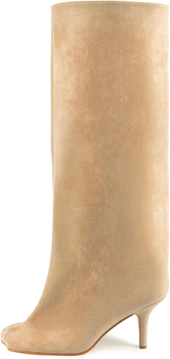 DOBOYG Knee High Boots for Women Square Toe Stiletto High Heel Boots Comfortable Suede Thigh High Boots