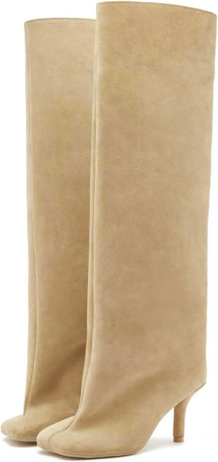 DOBOYG Knee High Boots for Women Square Toe Stiletto High Heel Boots Comfortable Suede Thigh High Boots