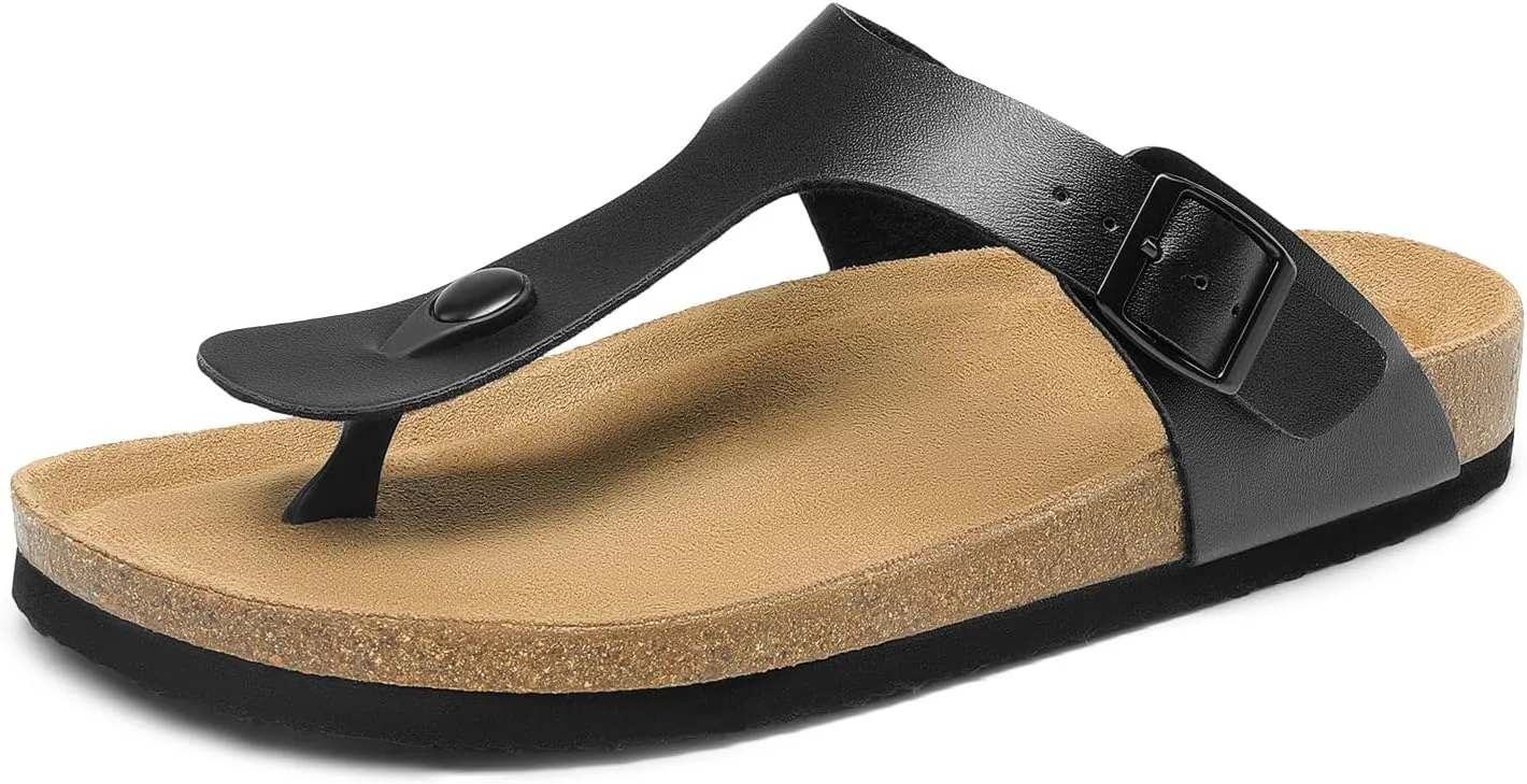 DREAM PAIRS Arch Support Thong Sandals for Women Casual Leather Flip Flops Dressy Slides with Soft Cork Footbed Adjustable Strap for Summer Beach Vacation