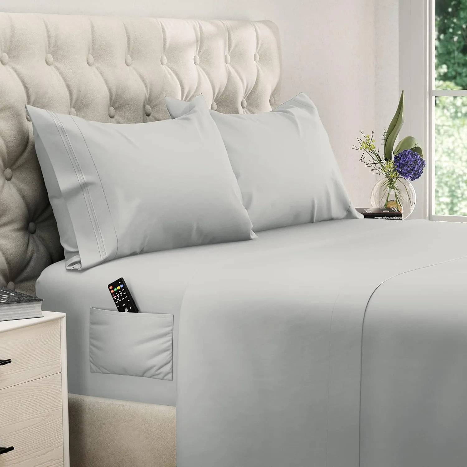 DREAMCARE Queen Size Sheets - Cooling Bed Sheets - 4pcs Set - up to 15" Deep Pocket Queen Sheet Set - Sheets Queen Size Bed - Soft & Long Lasting 100% Fine Brushed Polyester with Side Pocket - LGray