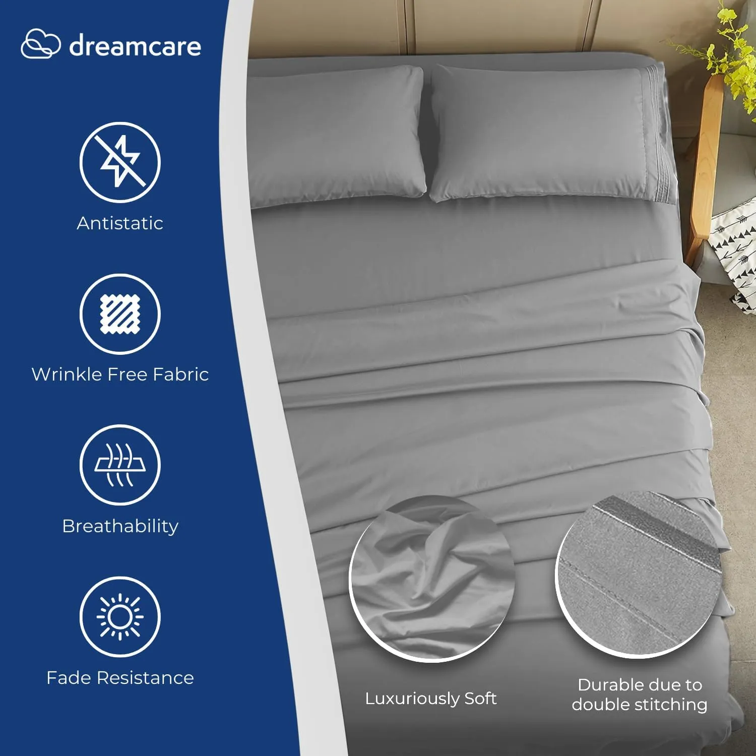 DREAMCARE Queen Size Sheets - Cooling Bed Sheets - 4pcs Set - up to 15" Deep Pocket Queen Sheet Set - Sheets Queen Size Bed - Soft & Long Lasting 100% Fine Brushed Polyester with Side Pocket - LGray