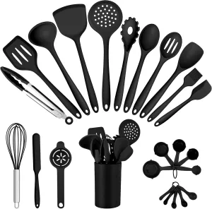 E-far Silicone Cooking Utensils Set, 25 Piece Kitchen Utensils with Holder, Non Toxic Kitchen Tools Spatula, Turner, Spoon, Ladle for Nonstick Cookware, Heat Resistant & Dishwasher Safe - Black