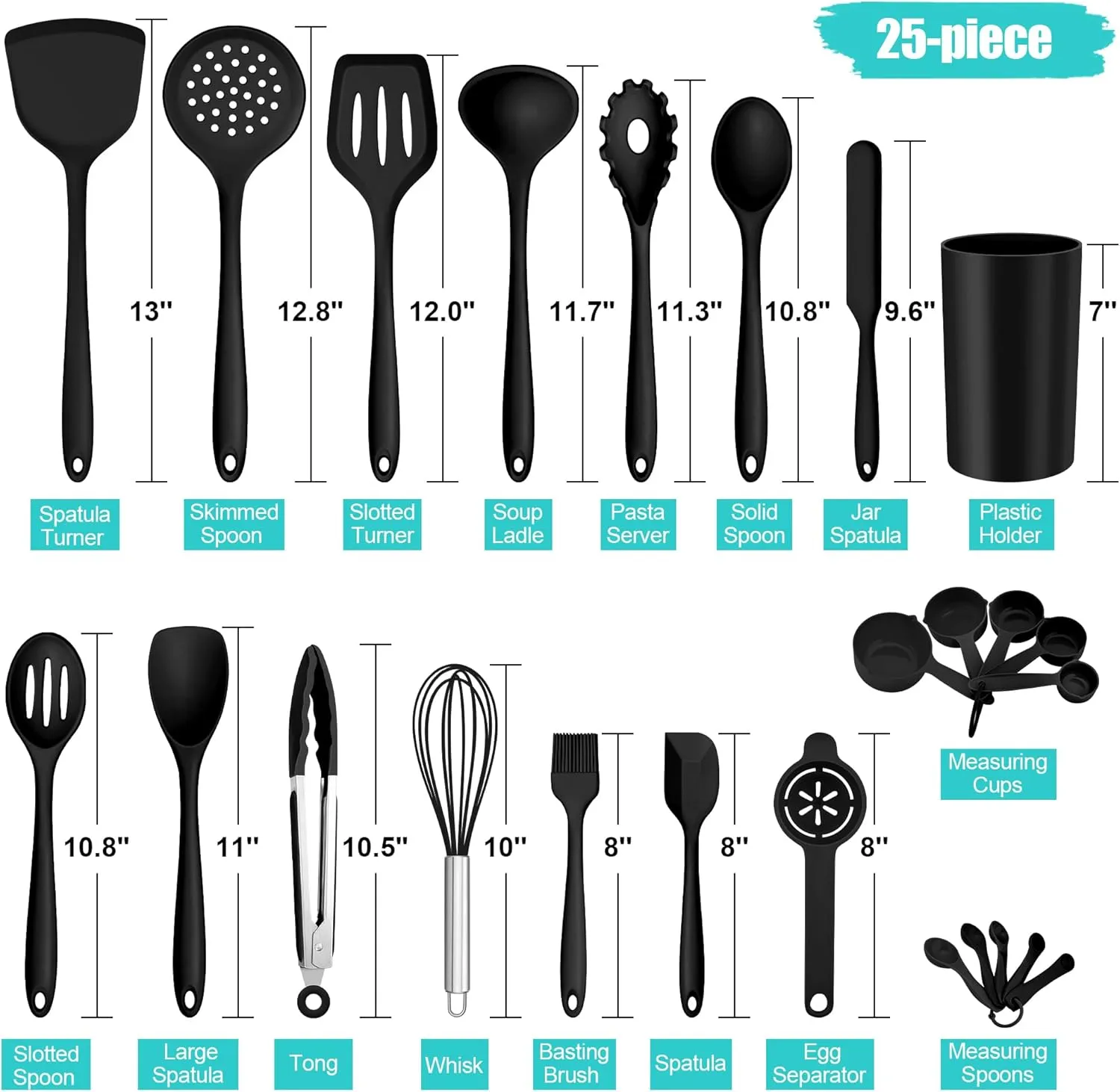 E-far Silicone Cooking Utensils Set, 25 Piece Kitchen Utensils with Holder, Non Toxic Kitchen Tools Spatula, Turner, Spoon, Ladle for Nonstick Cookware, Heat Resistant & Dishwasher Safe - Black