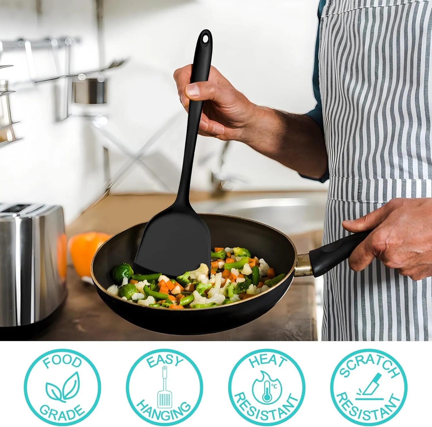 E-far Silicone Cooking Utensils Set, 25 Piece Kitchen Utensils with Holder, Non Toxic Kitchen Tools Spatula, Turner, Spoon, Ladle for Nonstick Cookware, Heat Resistant & Dishwasher Safe - Black