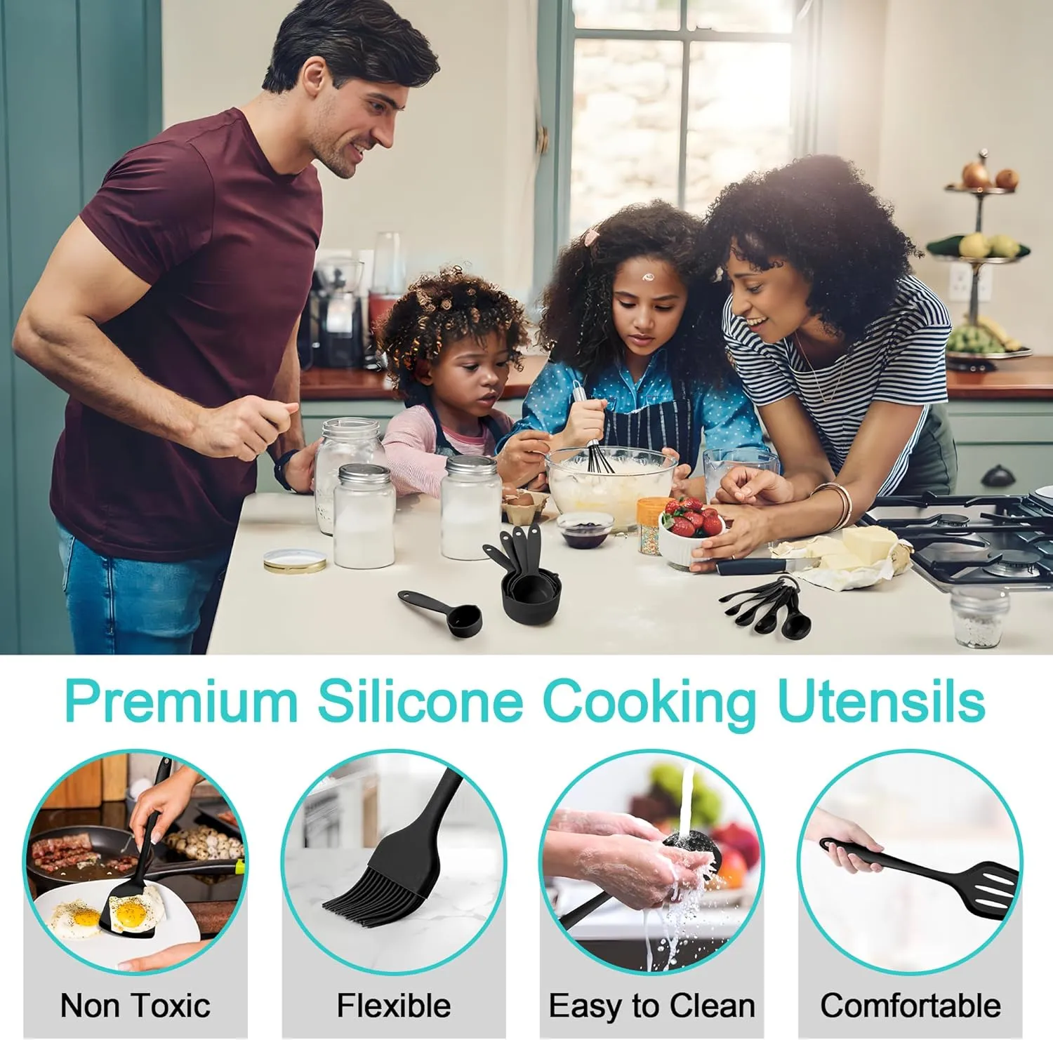 E-far Silicone Cooking Utensils Set, 25 Piece Kitchen Utensils with Holder, Non Toxic Kitchen Tools Spatula, Turner, Spoon, Ladle for Nonstick Cookware, Heat Resistant & Dishwasher Safe - Black