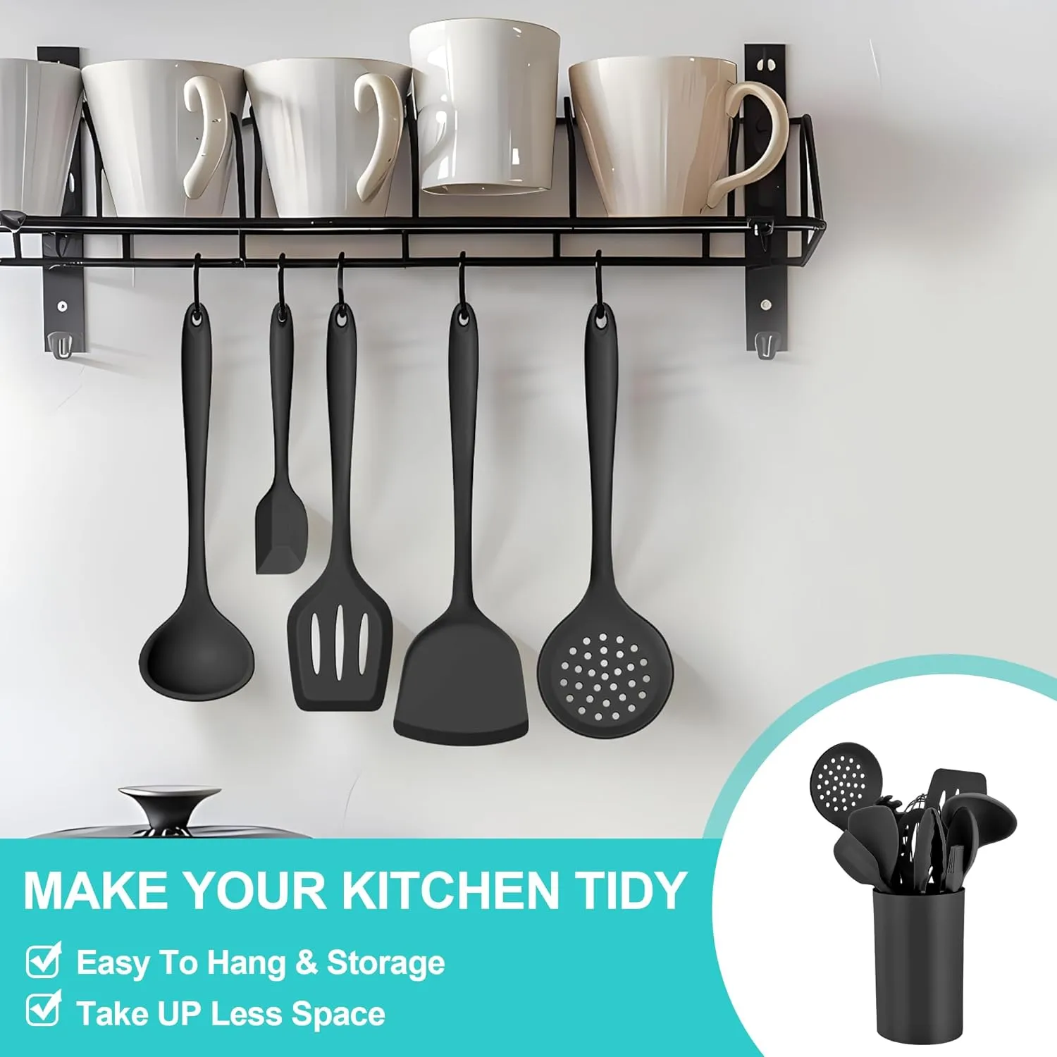 E-far Silicone Cooking Utensils Set, 25 Piece Kitchen Utensils with Holder, Non Toxic Kitchen Tools Spatula, Turner, Spoon, Ladle for Nonstick Cookware, Heat Resistant & Dishwasher Safe - Black