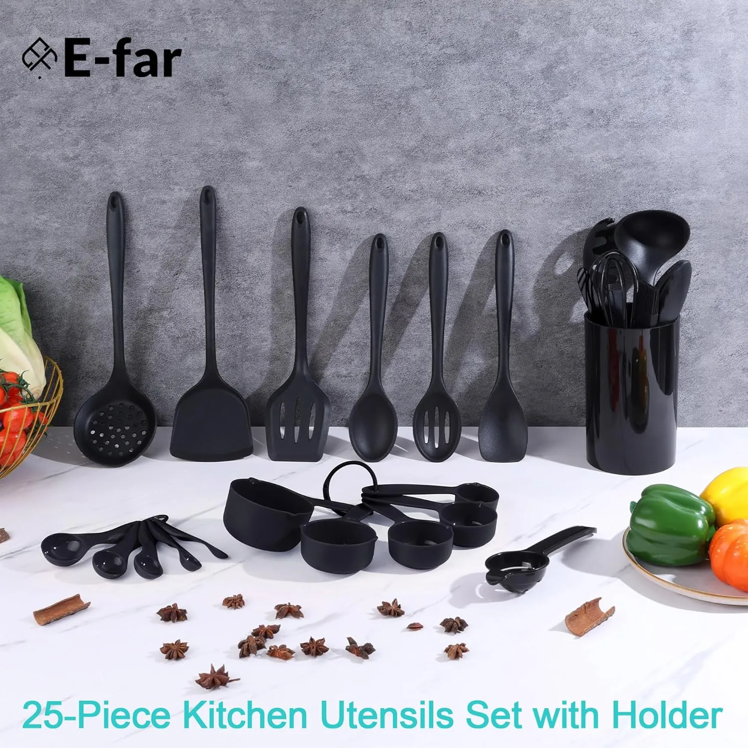 E-far Silicone Cooking Utensils Set, 25 Piece Kitchen Utensils with Holder, Non Toxic Kitchen Tools Spatula, Turner, Spoon, Ladle for Nonstick Cookware, Heat Resistant & Dishwasher Safe - Black