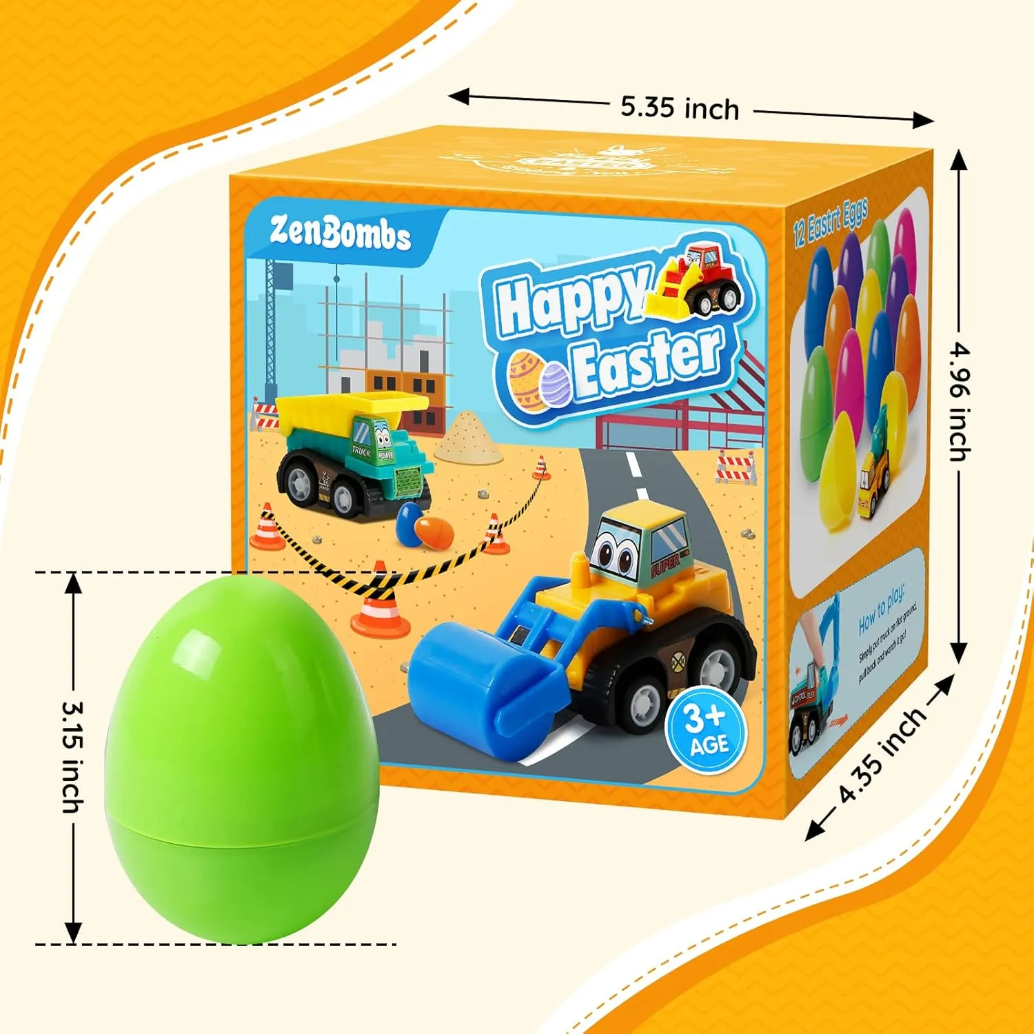 Easter Eggs Plastic Easter Eggs Filled with Pull-Back Engineering Toys Gift for Easter Egg Hunt, Birthday Party for Kids Over 3 Years Old 12-Pack