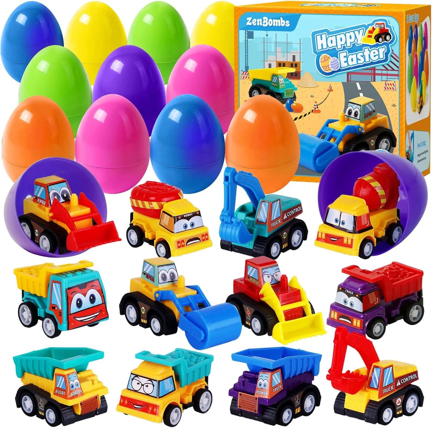 Easter Eggs Plastic Easter Eggs Filled with Pull-Back Engineering Toys Gift for Easter Egg Hunt, Birthday Party for Kids Over 3 Years Old 12-Pack