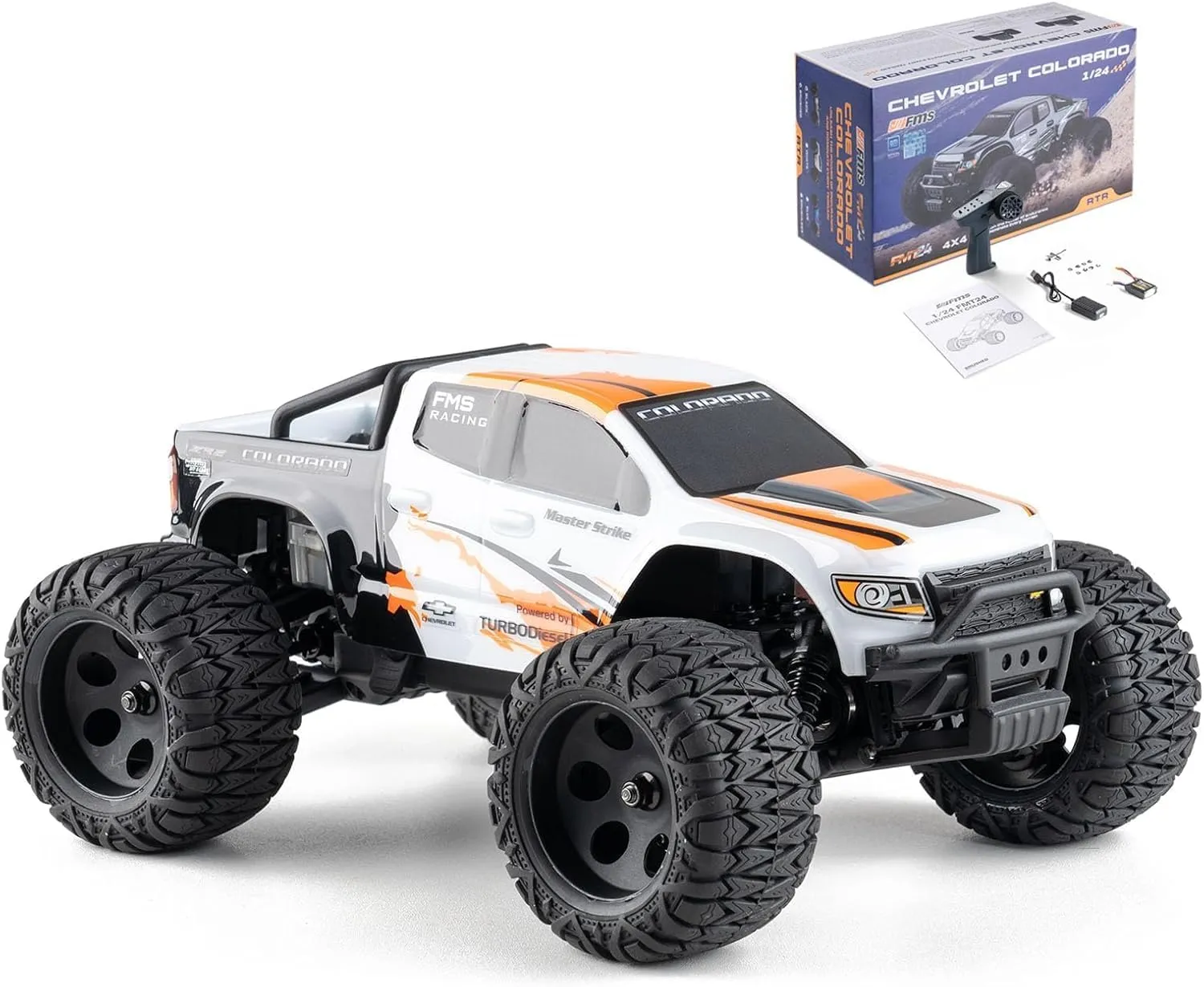 EAZYRC FMS FMT24 1/24 Chevrolet Colorado Brushed RC Truck RTR, 2.4Ghz Basher RC Cars, 4X4 Off-Road Hobby Grade Waterproof 2-Speed Transmission RC Crawler with 370 Motor RC Car for Gift(White)