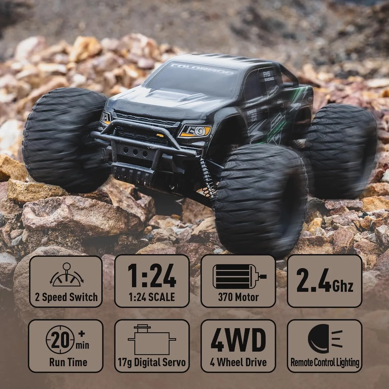 EAZYRC FMS FMT24 1/24 Chevrolet Colorado Brushed RC Truck RTR, 2.4Ghz Basher RC Cars, 4X4 Off-Road Hobby Grade Waterproof 2-Speed Transmission RC Crawler with 370 Motor RC Car for Gift(White)