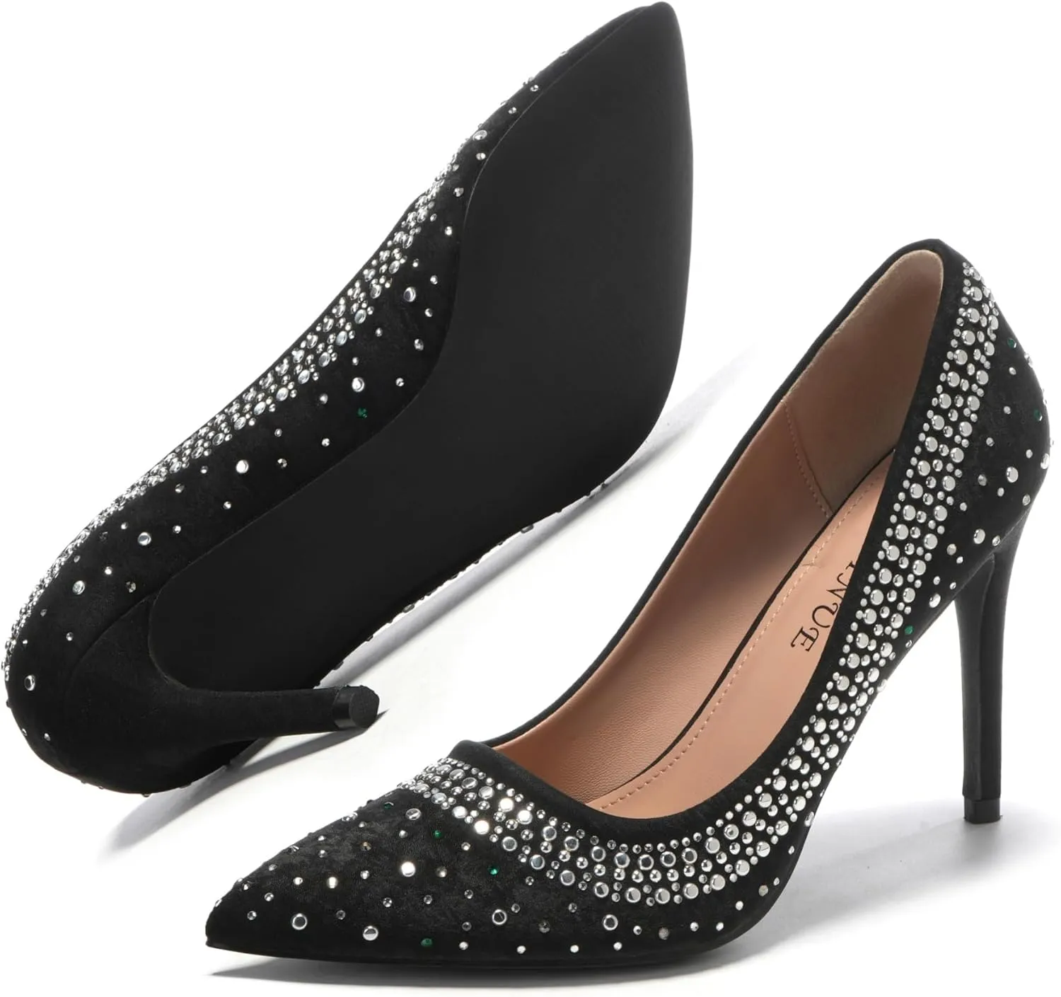 EBYNUE Women's Pumps Sexy Rhinestone High Heels 4 inch Pointed Closed Toe Stiletto Heel Evening Party Wedding Comfortable Dress Shoes