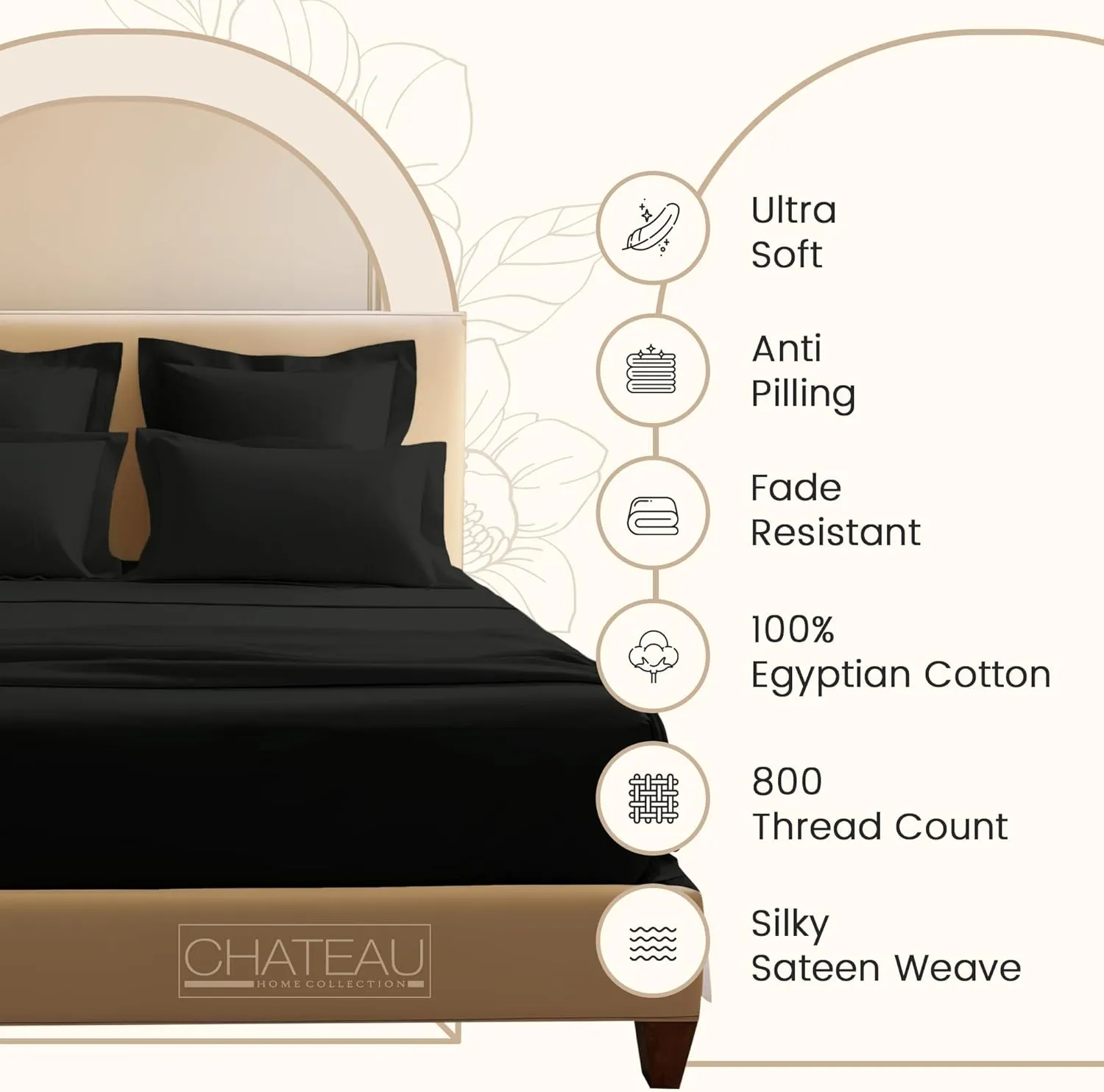 Egyptian Cotton King Size Sheet Set, 800 Thread Count Sateen Weave Hotel Collection King Sheets Deep Pockets, Soft & Comfy Cotton Bed Sheets Fits Upto 17", No Pill & Shrink - Black