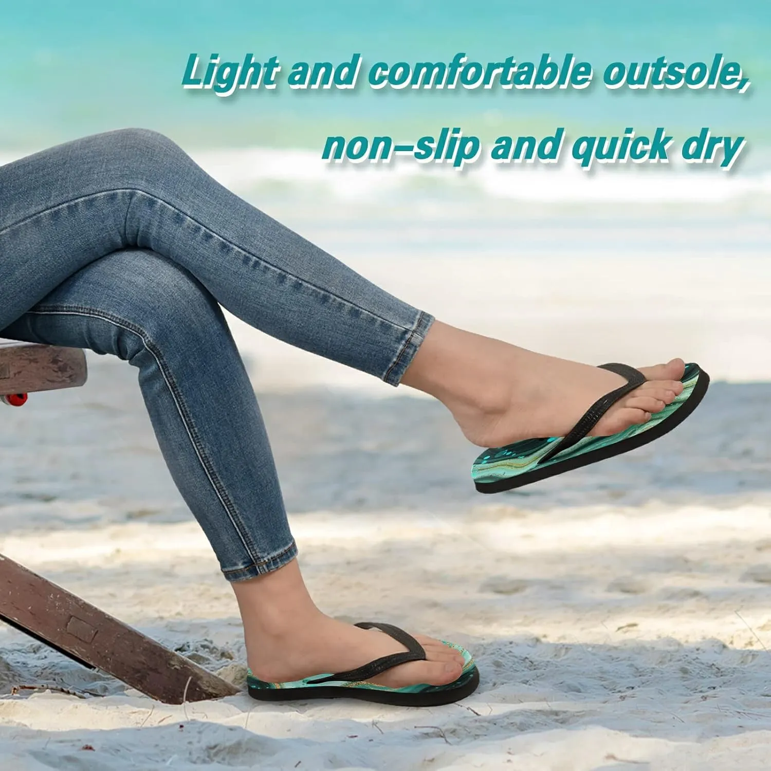 Eionryn Gold Marble Green Womens Flip Flops Turquoise Teal Summer Beach Sandals Casual Thong Slippers Comfortable Shower Slippers Non Slip Water Sandals shoes M