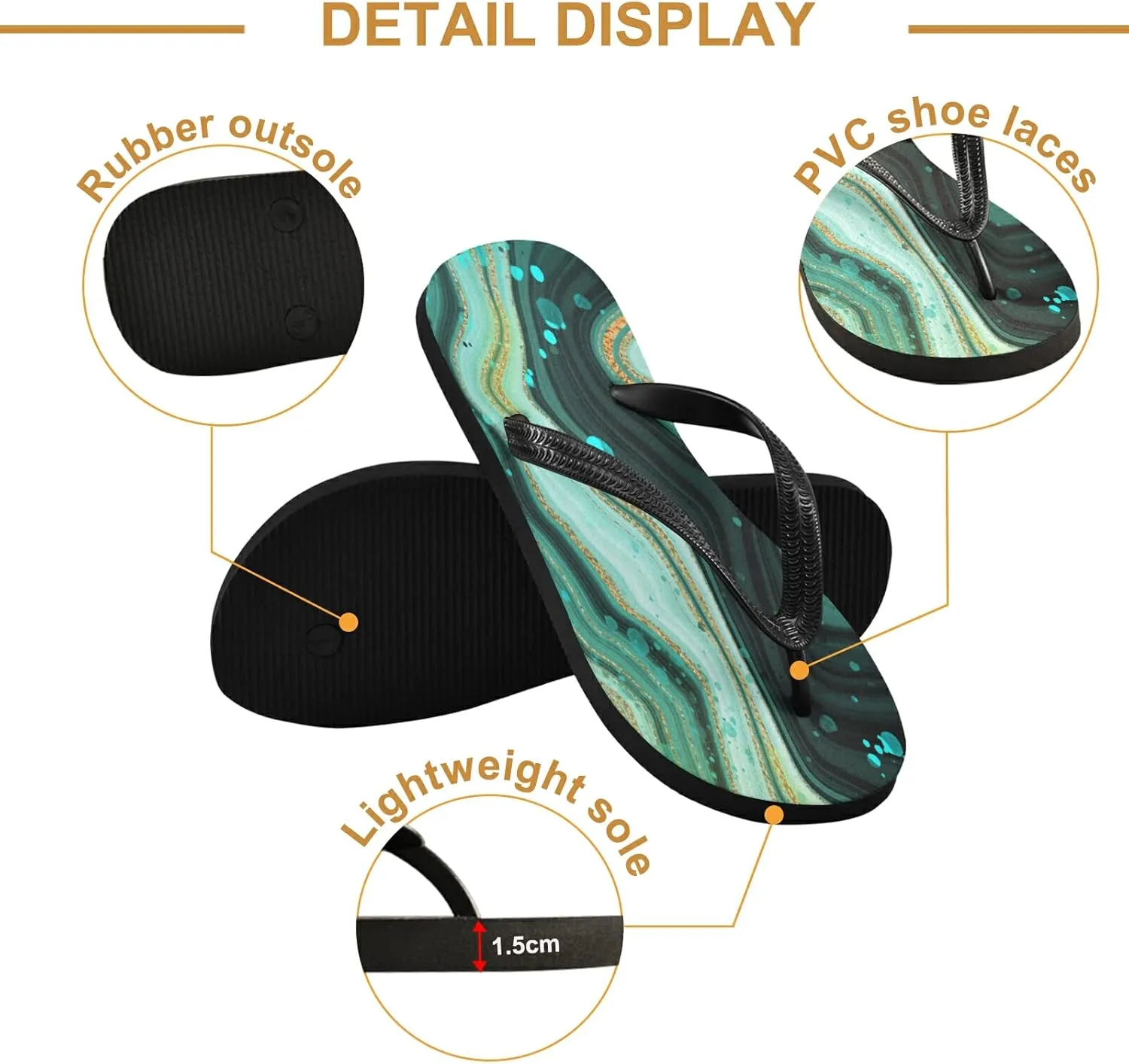 Eionryn Gold Marble Green Womens Flip Flops Turquoise Teal Summer Beach Sandals Casual Thong Slippers Comfortable Shower Slippers Non Slip Water Sandals shoes M
