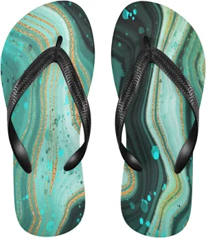 Eionryn Gold Marble Green Womens Flip Flops Turquoise Teal Summer Beach Sandals Casual Thong Slippers Comfortable Shower Slippers Non Slip Water Sandals shoes M