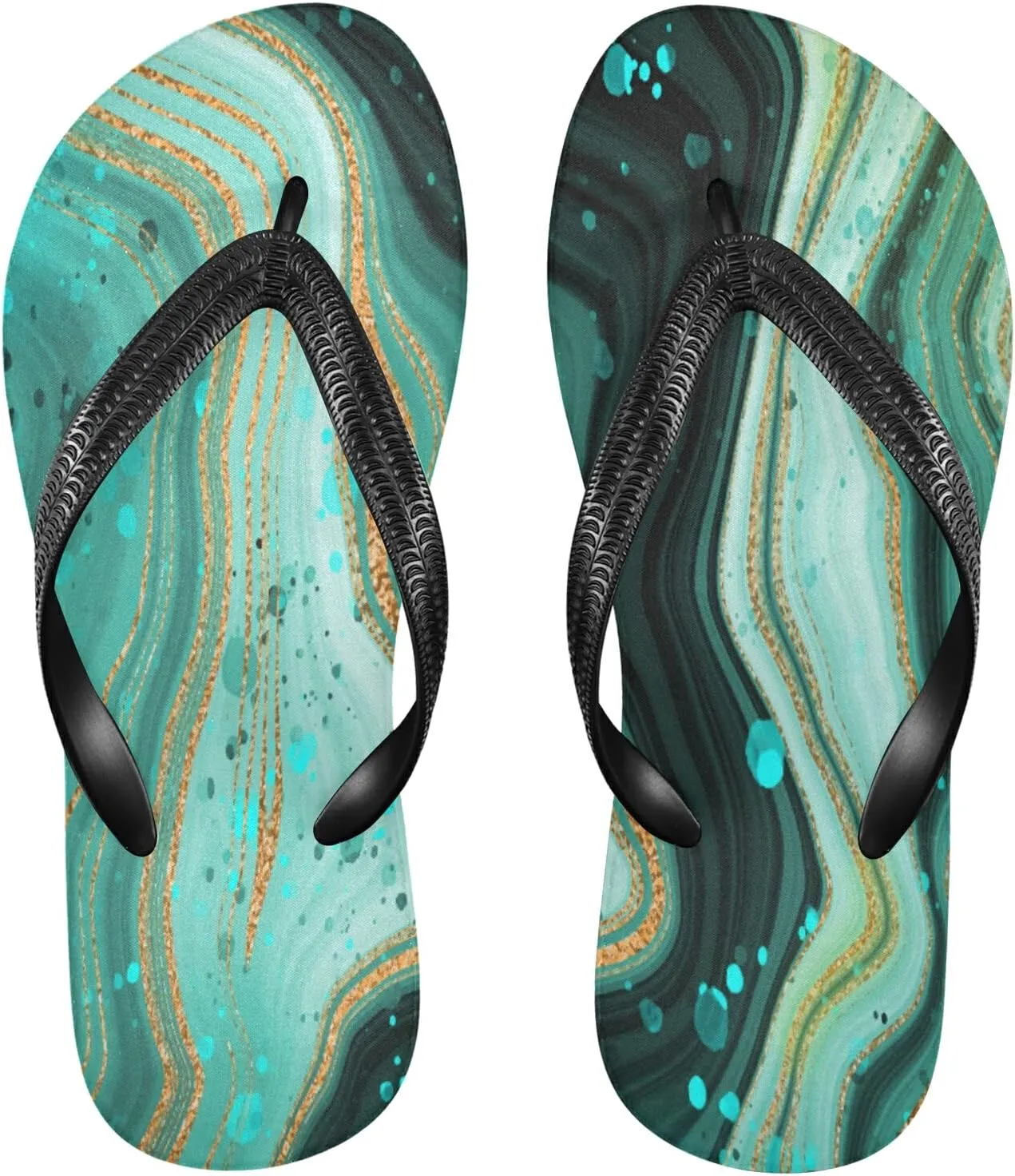Eionryn Gold Marble Green Womens Flip Flops Turquoise Teal Summer Beach Sandals Casual Thong Slippers Comfortable Shower Slippers Non Slip Water Sandals shoes M