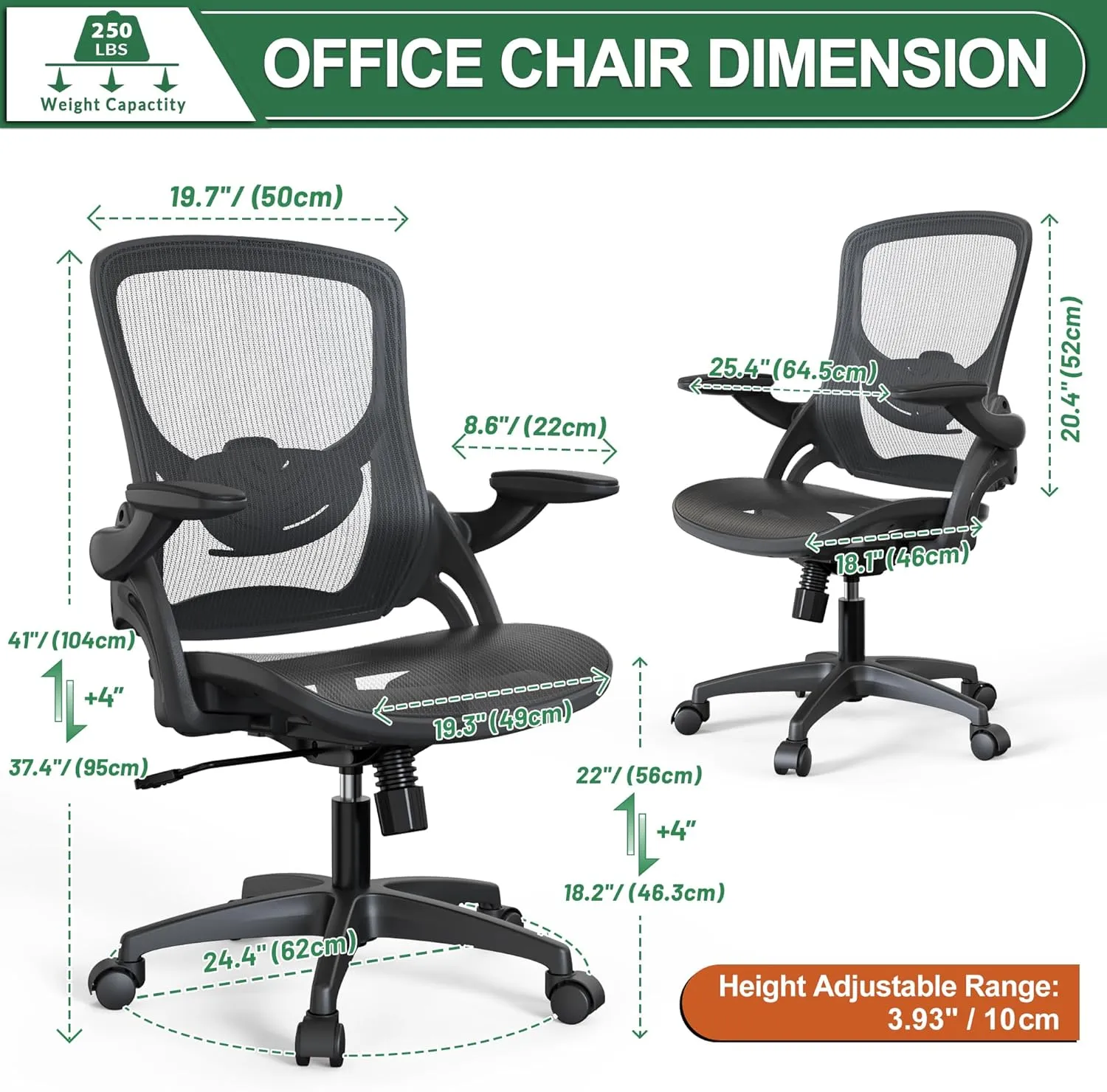 Ergonomic Comfy Mesh Home Office Computer Desk Chair with Height Adjustable Lumbar Support with Flip up Arms for Adult