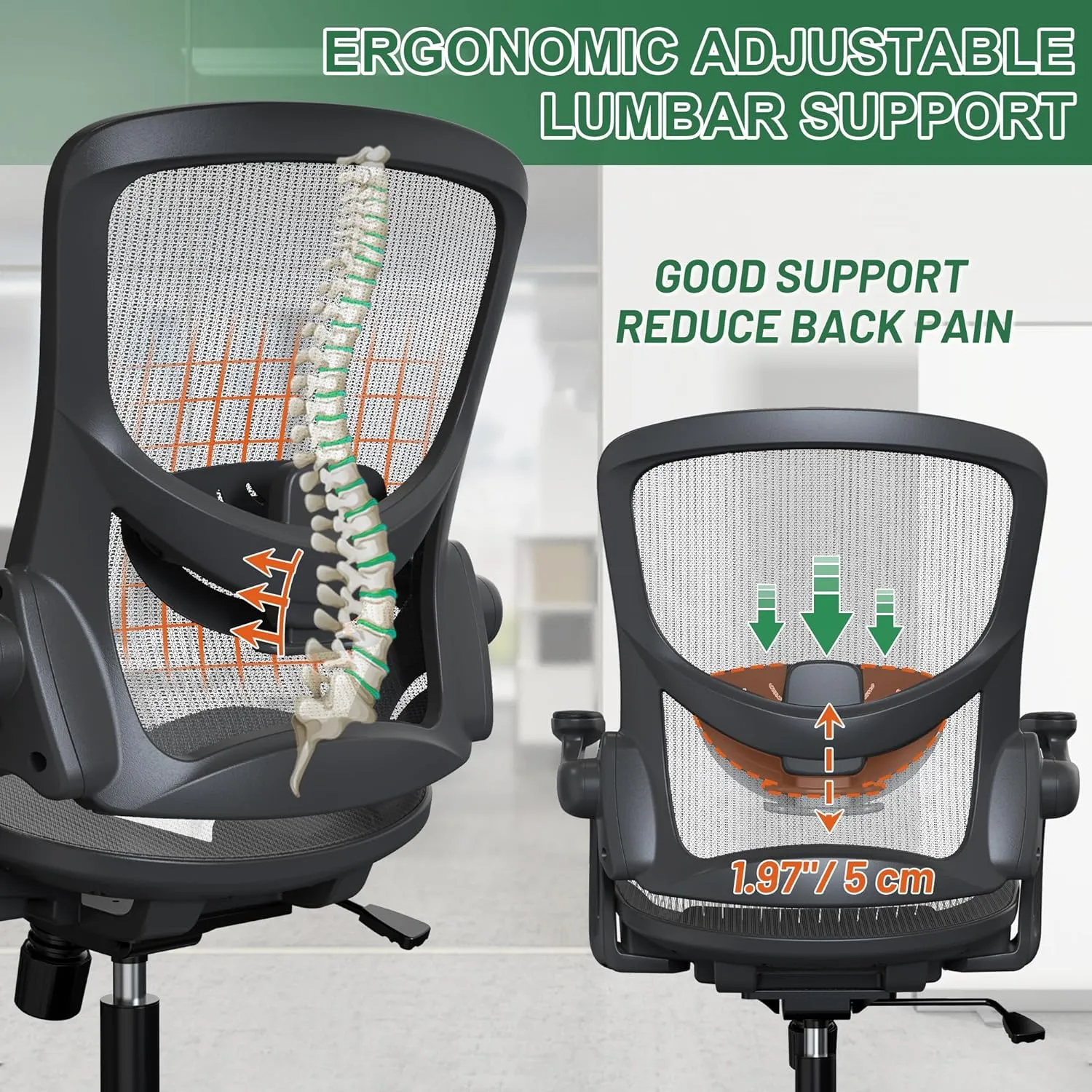 Ergonomic Comfy Mesh Home Office Computer Desk Chair with Height Adjustable Lumbar Support with Flip up Arms for Adult