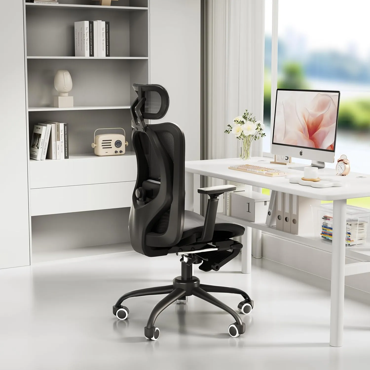 Ergonomic Office Chair, Adjustable Lumbar Support, 3D Headrest, Flip-Up Armrests, Retractable Footrest, High-Back Mesh Design, Comfortable Desk Chair for Home and Office, Black