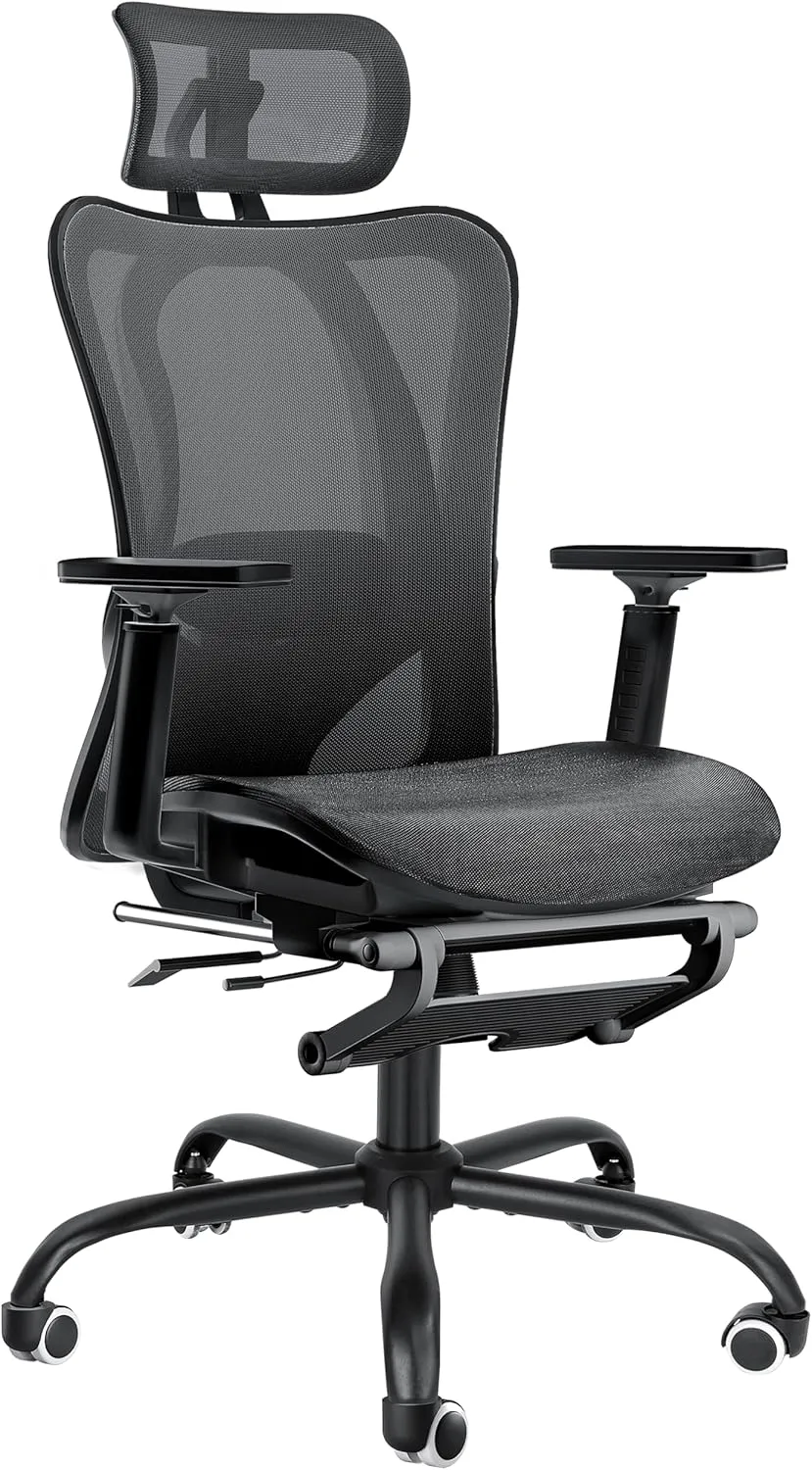 Ergonomic Office Chair, Adjustable Lumbar Support, 3D Headrest, Flip-Up Armrests, Retractable Footrest, High-Back Mesh Design, Comfortable Desk Chair for Home and Office, Black