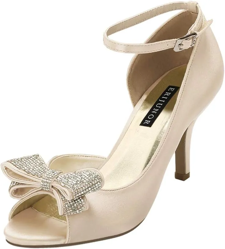 ERIJUNOR Women Comfortable Middle Heel Peep Toe Bows Rhinestones Satin Wedding Evening Party Shoes