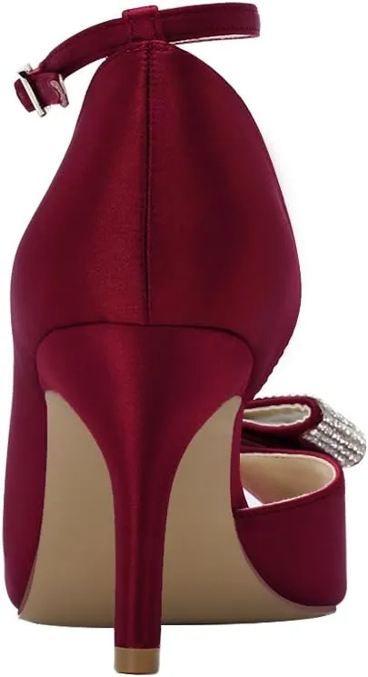 ERIJUNOR Women Comfortable Middle Heel Peep Toe Bows Rhinestones Satin Wedding Evening Party Shoes