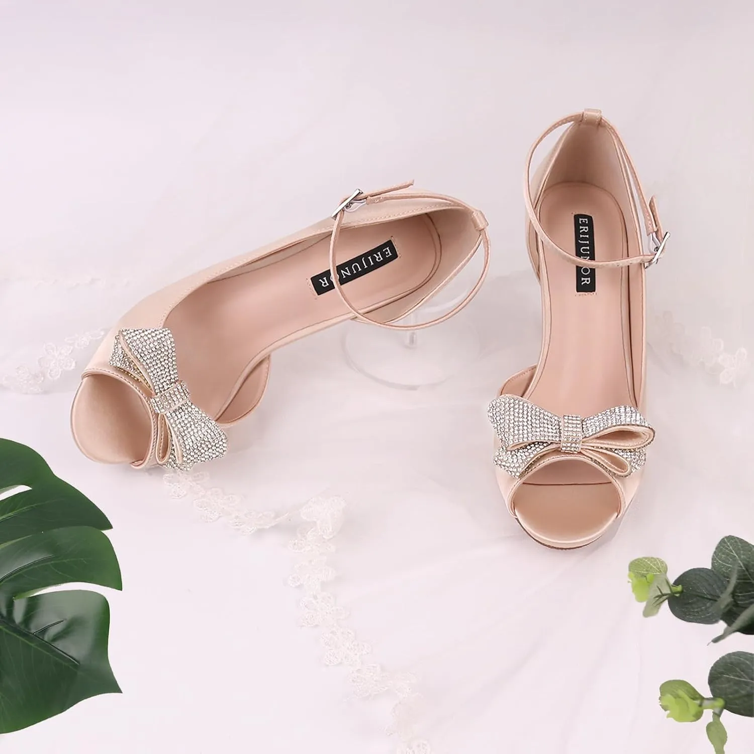 ERIJUNOR Women Comfortable Middle Heel Peep Toe Bows Rhinestones Satin Wedding Evening Party Shoes