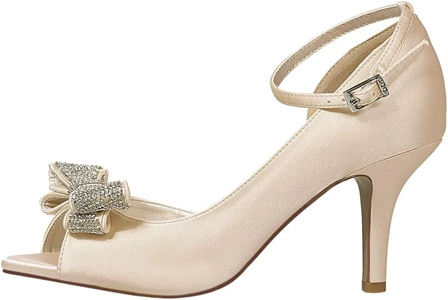 ERIJUNOR Women Comfortable Middle Heel Peep Toe Bows Rhinestones Satin Wedding Evening Party Shoes