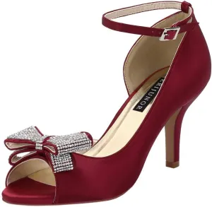 ERIJUNOR Women Comfortable Middle Heel Peep Toe Bows Rhinestones Satin Wedding Evening Party Shoes