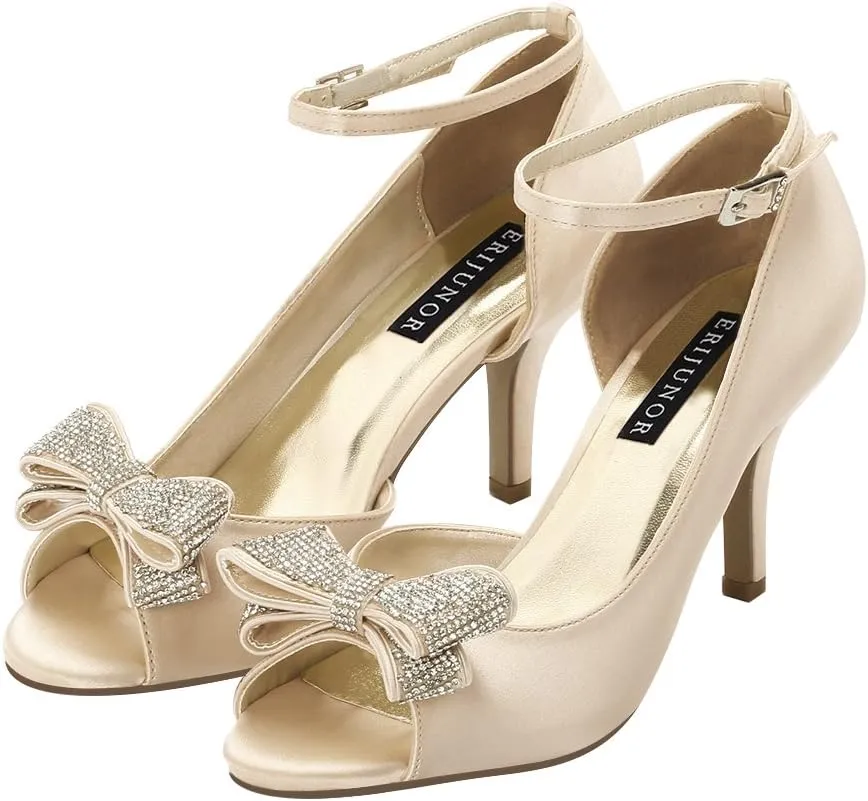 ERIJUNOR Women Comfortable Middle Heel Peep Toe Bows Rhinestones Satin Wedding Evening Party Shoes