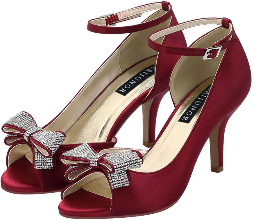 ERIJUNOR Women Comfortable Middle Heel Peep Toe Bows Rhinestones Satin Wedding Evening Party Shoes