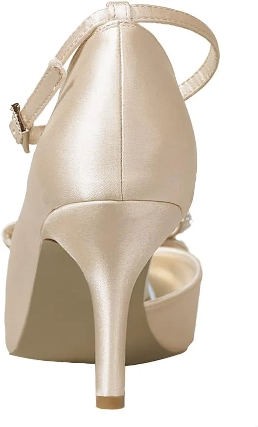 ERIJUNOR Women Comfortable Middle Heel Peep Toe Bows Rhinestones Satin Wedding Evening Party Shoes