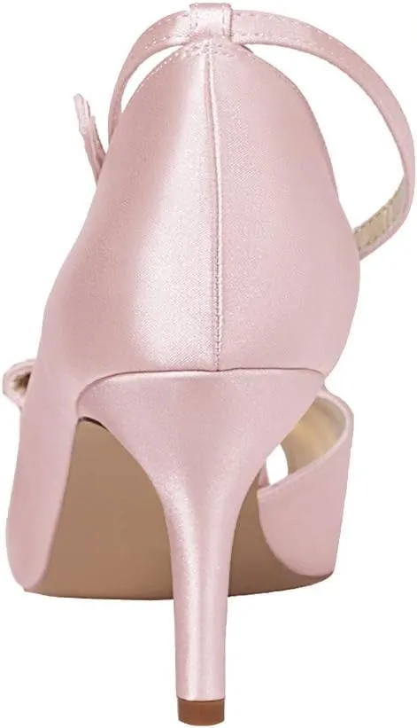 ERIJUNOR Women Comfortable Middle Heel Peep Toe Bows Rhinestones Satin Wedding Evening Party Shoes
