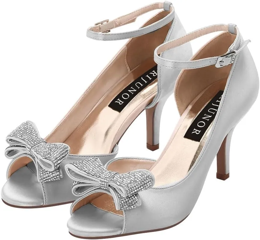 ERIJUNOR Women Comfortable Middle Heel Peep Toe Bows Rhinestones Satin Wedding Evening Party Shoes