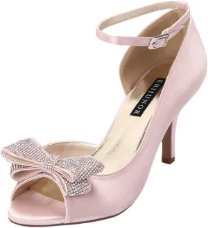ERIJUNOR Women Comfortable Middle Heel Peep Toe Bows Rhinestones Satin Wedding Evening Party Shoes
