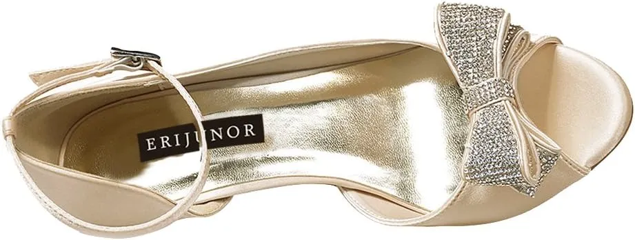 ERIJUNOR Women Comfortable Middle Heel Peep Toe Bows Rhinestones Satin Wedding Evening Party Shoes