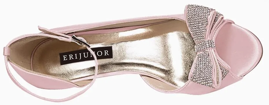 ERIJUNOR Women Comfortable Middle Heel Peep Toe Bows Rhinestones Satin Wedding Evening Party Shoes