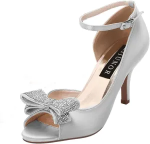 ERIJUNOR Women Comfortable Middle Heel Peep Toe Bows Rhinestones Satin Wedding Evening Party Shoes