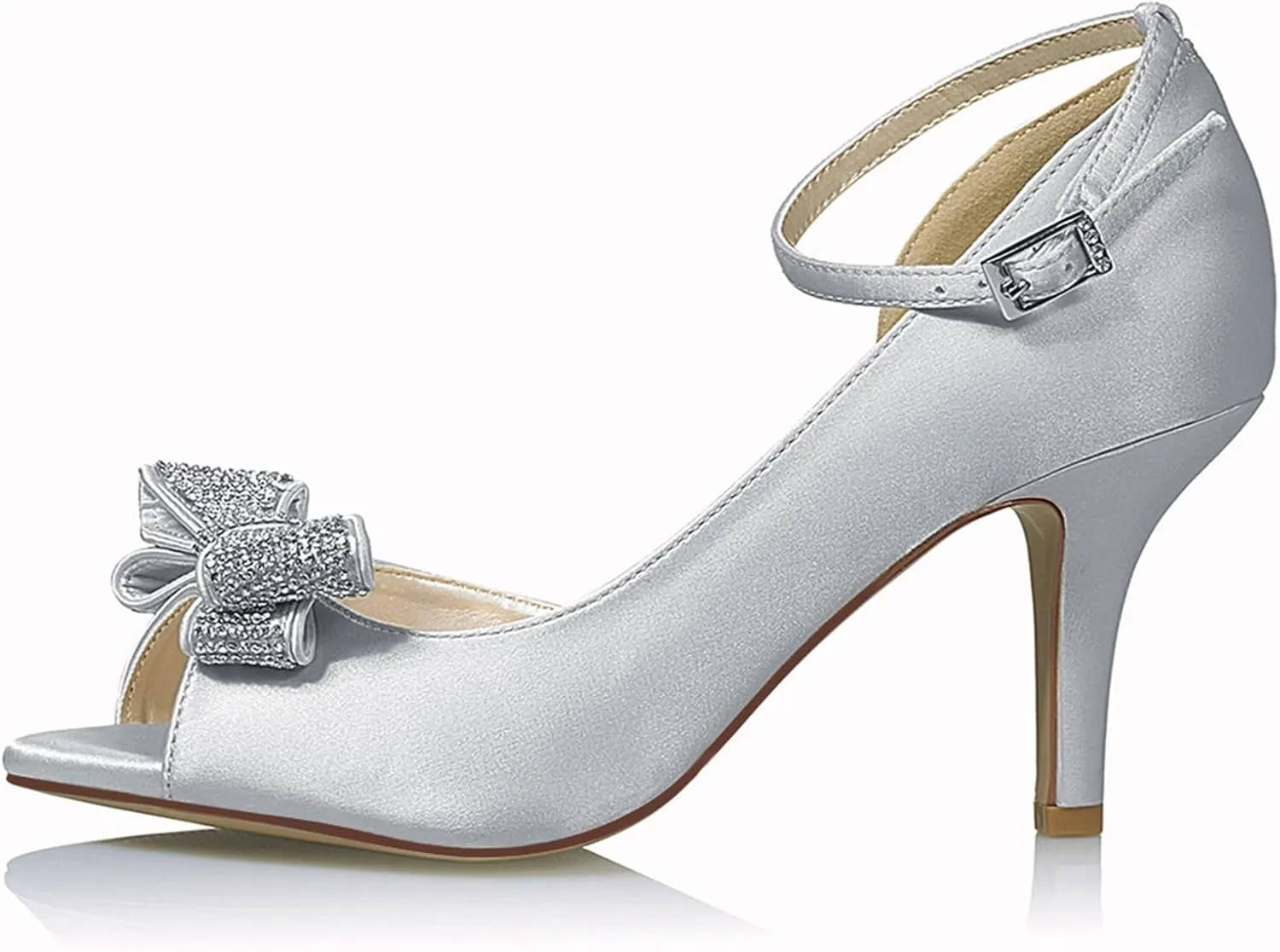 ERIJUNOR Women Comfortable Middle Heel Peep Toe Bows Rhinestones Satin Wedding Evening Party Shoes