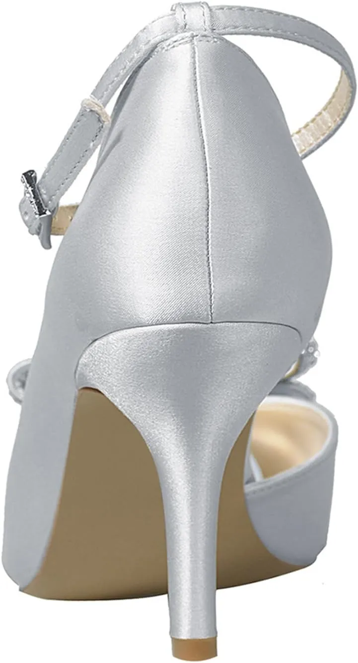 ERIJUNOR Women Comfortable Middle Heel Peep Toe Bows Rhinestones Satin Wedding Evening Party Shoes