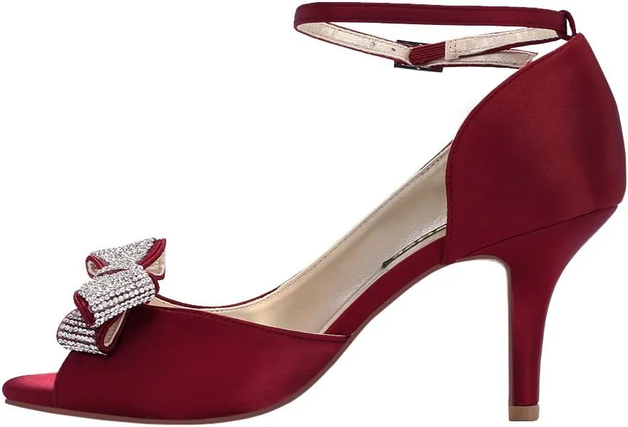 ERIJUNOR Women Comfortable Middle Heel Peep Toe Bows Rhinestones Satin Wedding Evening Party Shoes