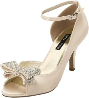 ERIJUNOR Women Comfortable Middle Heel Peep Toe Bows Rhinestones Satin Wedding Evening Party Shoes
