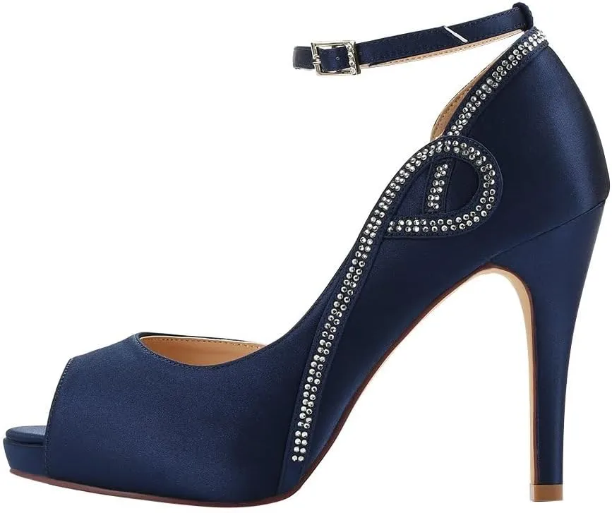 ERIJUNOR Women Peep Toe Side Open Rhinestones Comfortable Platform Satin Bridal Wedding Party Shoes
