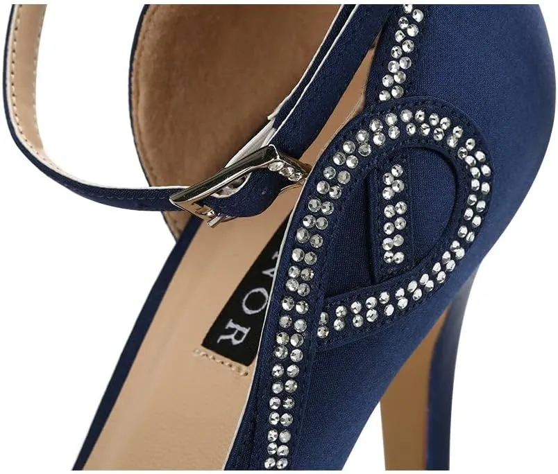 ERIJUNOR Women Peep Toe Side Open Rhinestones Comfortable Platform Satin Bridal Wedding Party Shoes