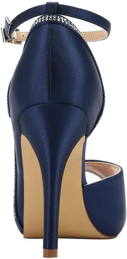 ERIJUNOR Women Peep Toe Side Open Rhinestones Comfortable Platform Satin Bridal Wedding Party Shoes